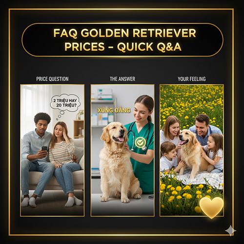 Ảnh infographic 3 khung: cặp đôi băn khoăn “2 triệu hay 20 triệu?”, bác sĩ thú y ôm chó Golden và gia đình hạnh phúc chơi với Golden trên cánh đồng hoa, minh họa FAQ giá chó Golden.