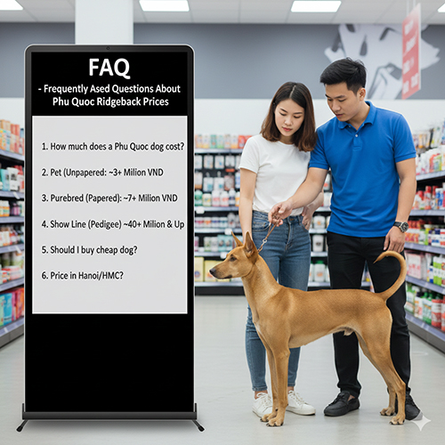 Cặp đôi xem bảng FAQ về giá chó Phú Quốc trong cửa hàng thú cưng