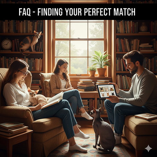 Ảnh gia đình trong phòng sách cùng nhiều mèo Không lông Sphynx – minh họa phần FAQ về giá mèo Không lông