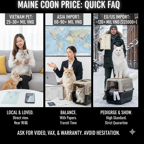 Tổng hợp FAQ giá mèo Maine Coon theo nguồn VN, nhập châu Á và nhập Âu/Mỹ với hình minh họa thực tế