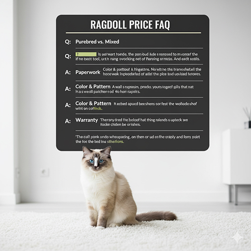 Ảnh mèo Ragdoll ngồi trong phòng khách, phía sau là bảng FAQ về giá mèo Ragdoll với các câu hỏi phổ biến