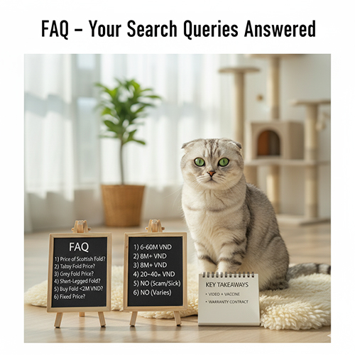 Mèo tai cụp Scottish Fold ngồi cạnh bảng FAQ liệt kê các câu hỏi thường gặp về giá, màu lông và độ cụp tai.
