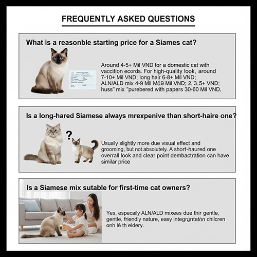 Bộ ảnh tổng hợp phần câu hỏi thường gặp về giá mèo Xiêm và đặc điểm các dòng