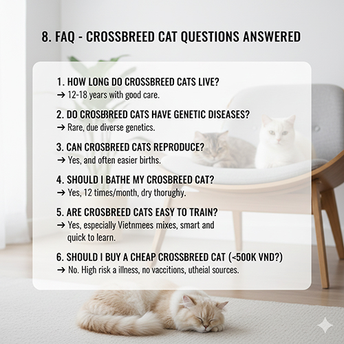 Hình ảnh FAQ giải đáp các câu hỏi thường gặp về mèo lai như tuổi thọ, sức khỏe và nuôi dưỡng