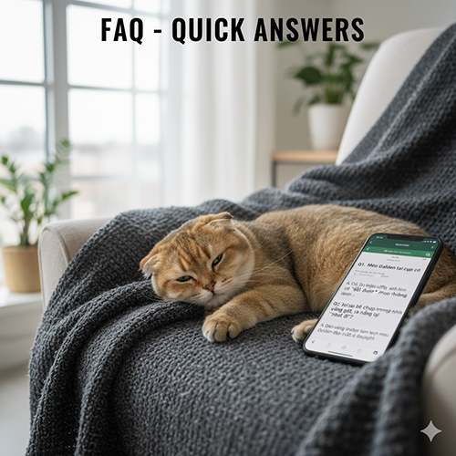 Mèo Scottish Fold golden nằm thư giãn trên sofa, cạnh điện thoại mở màn hình FAQ; ánh sáng tự nhiên qua cửa sổ.