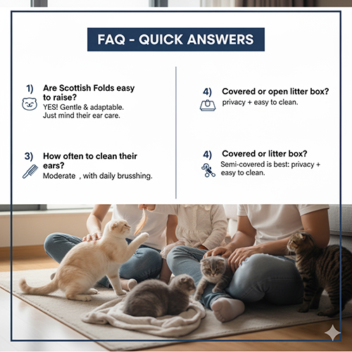 Gia đình ngồi chơi cùng ba bé mèo trong phòng khách sáng sủa, minh họa cho phần hỏi đáp nhanh về chăm sóc mèo tai cụp.