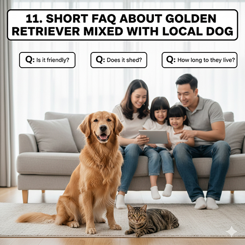 Gia đình và trẻ nhỏ chơi cùng chó Golden lai chó cỏ và mèo trong phòng khách