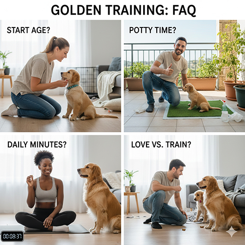 Bộ ảnh bốn khung minh họa các tình huống thường gặp khi huấn luyện chó Golden như bắt đầu từ mấy tháng, dạy đi vệ sinh, thời lượng tập mỗi ngày và cân bằng giữa yêu thương và kỷ luật.