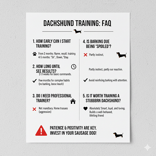 Infographic FAQ về huấn luyện chó Lạp xưởng với các câu hỏi thường gặp và câu trả lời ngắn gọn cho người mới nuôi.