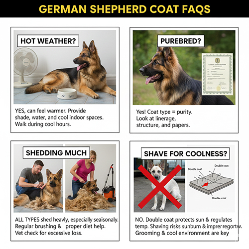 Ảnh FAQ về lông chó Becgie với các câu hỏi: nóng khi trời nóng, thuần chủng hay không, rụng lông nhiều và có nên cạo lông không