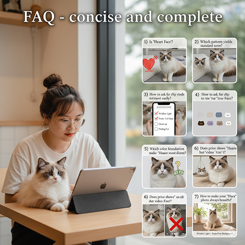 Cô gái ngồi cùng mèo Ragdoll và bảng FAQ minh họa các câu hỏi – đáp về “mặt tim”