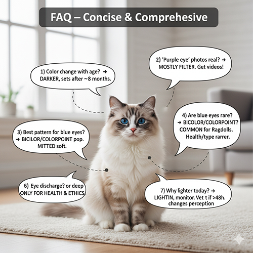 Mèo Ragdoll mắt xanh ngồi giữa các bong bóng hội thoại chứa câu hỏi thường gặp về mắt xanh