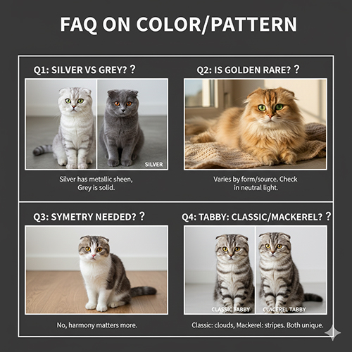 Bốn cặp mèo Scottish Fold minh họa FAQ về màu và họa tiết: silver vs grey, golden, bicolor đối xứng, và tabby classic vs mackerel.