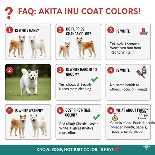 Bảng FAQ về màu lông Akita Inu gồm độ hiếm, đổi màu, chăm sóc, sức khỏe và giá Akita trắng