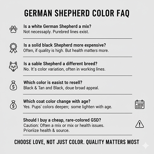 Bảng câu hỏi nhanh về các màu lông Becgie, giải đáp những hiểu lầm phổ biến như trắng có phải lai, đen tuyền có đắt hơn hay màu nào dễ bán lại.