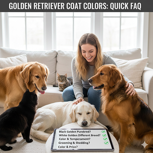 Ảnh một cô gái ngồi trên sofa cùng ba chú Golden Retriever và hai chú mèo, phía trước là bảng FAQ về màu lông Golden.