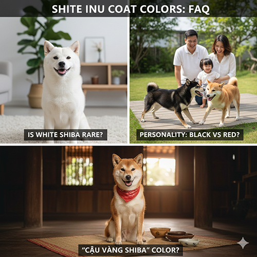 Collage gồm chó Shiba trắng, Shiba đen – vàng chơi cùng gia đình và một bé Shiba vàng ngồi trong nhà gỗ Nhật Bản