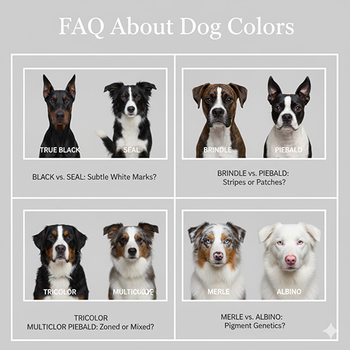 Ảnh tổng hợp FAQ về màu lông chó, minh họa các kiểu như đen tuyền, seal, brindle, piebald, tricolor, merle và albino kèm câu hỏi thường gặp.