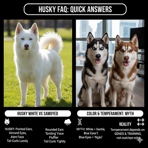 FAQ về màu lông và màu mắt chó Husky, so sánh Husky trắng với Samoyed và giải đáp hiểu lầm phổ biến