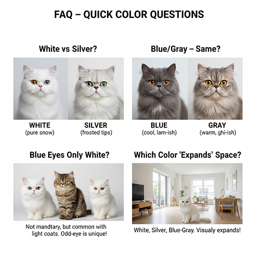 FAQ màu mèo Ba Tư: phân biệt White vs Silver, Blue vs Gray, mắt xanh, và màu giúp nới rộng không gian