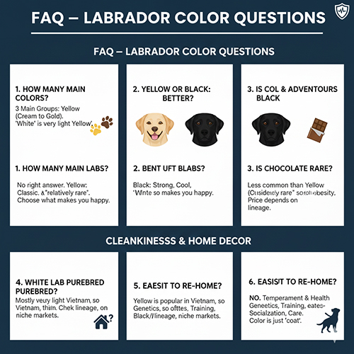 Câu hỏi thường gặp về màu sắc chó Labrador vàng đen nâu socola và kem
