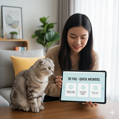 Cô gái ngồi trên sofa cạnh mèo Scottish Fold lai Anh lông dài, cầm máy tính bảng hiển thị mục “Read More” với các chủ đề về Scottish Fold, giá và hướng dẫn mua an toàn.