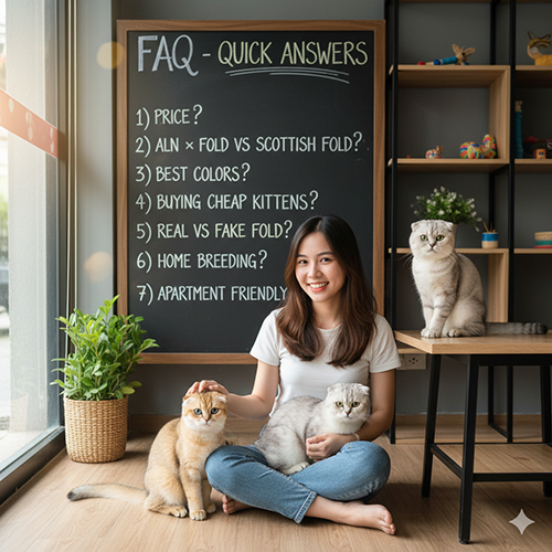 Cô gái ngồi với ba mèo Anh lông ngắn tai cụp bên bảng câu hỏi thường gặp về giống mèo này