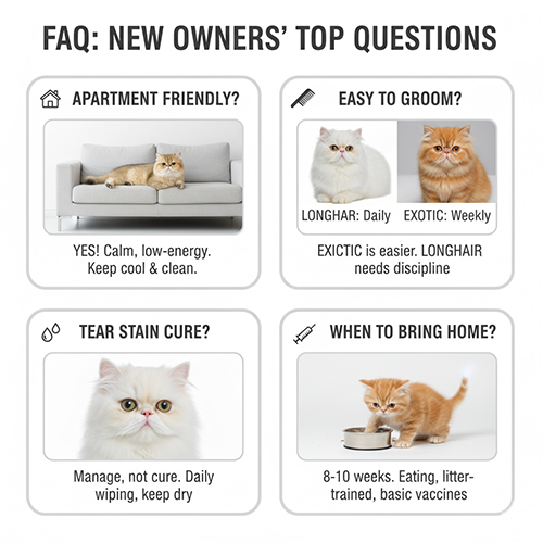 Bốn ô câu hỏi thường gặp về mèo Ba Tư: hợp căn hộ, dễ chăm, tear stain và thời điểm đón mèo con