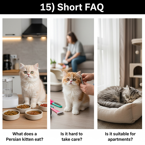 Ba hình minh họa mèo Ba Tư con ăn uống, được chải lông và ngủ trong căn hộ – tương ứng với các câu FAQ thường gặp