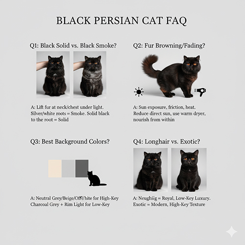 FAQ minh họa mèo Ba Tư đen với các câu hỏi về solid vs smoke, ngả nâu, nền chụp và longhair vs exotic