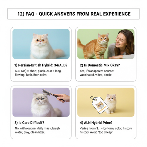 Bốn ô minh họa trả lời nhanh các câu hỏi về mèo Ba Tư lai như phân biệt ALN/ALD, đánh giá lai ta, chăm sóc và giá