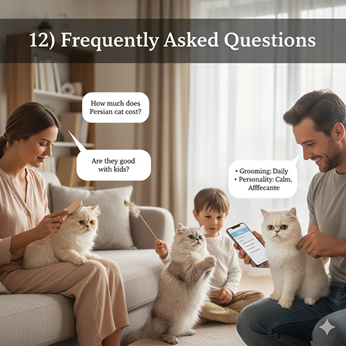 Gia đình chơi đùa với nhiều mèo Ba Tư lông dài trong phòng khách sáng, minh họa các câu hỏi thường gặp