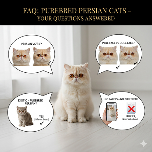 Mèo Ba Tư ngồi giữa các bong bóng câu hỏi về phân biệt thuần – 34, peke-face vs doll-face, Exotic và giấy tờ.