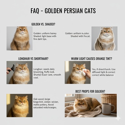faq hình ảnh về mèo Ba Tư vàng gồm phân biệt golden và shaded, longhair vs shorthair, ánh sáng ấm và props phù hợp
