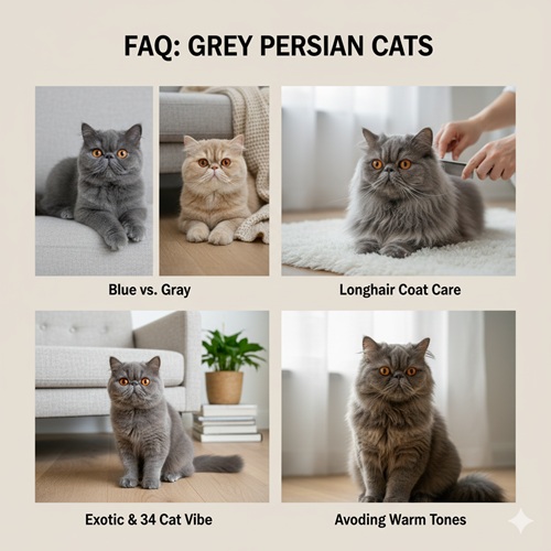 Bộ FAQ mèo Ba Tư xám gồm so sánh blue vs gray, chăm lông longhair, vibe Exotic & mèo 34 và lưu ý tránh tông ấm khi chụp