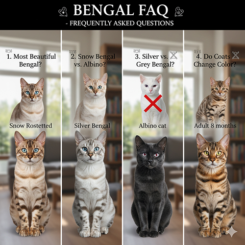 Ảnh tổng hợp FAQ mèo Bengal: Snow Rosetted, Silver, Charcoal và Brown – so sánh màu, gen, và thay đổi lông theo tuổi.