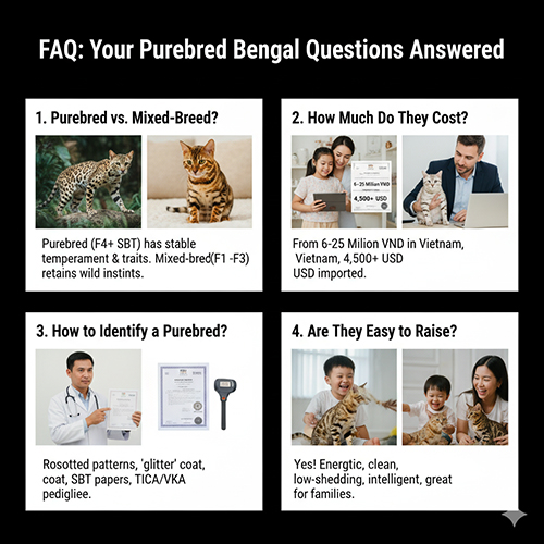 Infographic FAQ giải đáp thắc mắc về mèo Bengal thuần chủng: phân biệt với mèo lai, giá bán, cách nhận biết và khả năng nuôi trong nhà