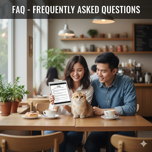Cặp đôi tại quán cà phê cùng mèo Munchkin Fold tai cụp trên bàn, cầm bảng FAQ – cảnh minh họa mục giải đáp thắc mắc