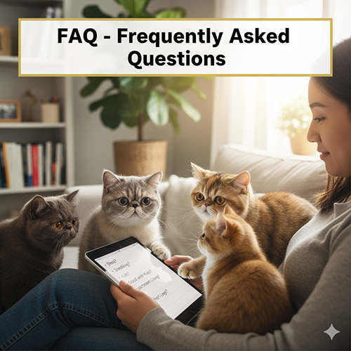 Người phụ nữ xem FAQ trên tablet cùng bốn mèo Ba Tư lông ngắn Exotic Shorthair đang vây quanh trong phòng khách.