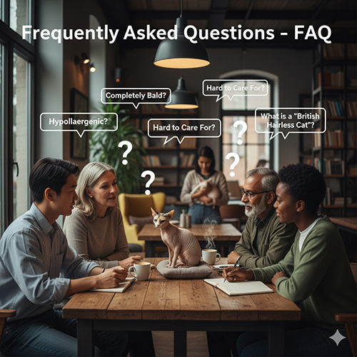 Một nhóm người thảo luận quanh bàn với mèo Sphynx ở giữa, minh họa phần FAQ về mèo không lông