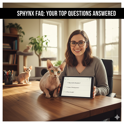 người phụ nữ ngồi tại bàn cùng mèo Sphynx, cầm tablet hiển thị danh sách câu hỏi FAQ về mèo Sphynx
