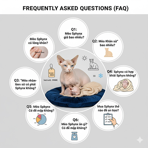 Mèo Không lông Sphynx ngồi giữa vòng tròn các câu hỏi phổ biến, minh họa mục FAQ