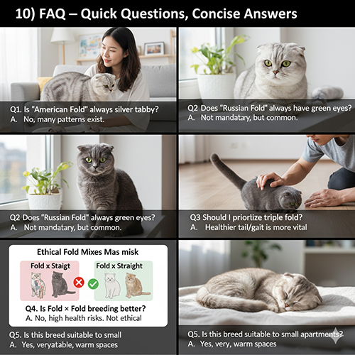 Bộ ảnh FAQ minh họa người chơi cùng mèo Scottish Fold lai, mèo nằm nghỉ và sơ đồ phối Fold × Straight giúp giải đáp thắc mắc phổ biến