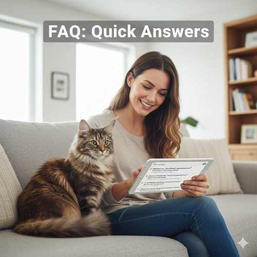 Người phụ nữ ngồi trên sofa đọc FAQ về Maine Coon cùng một bé mèo Maine Coon bên cạnh, minh họa phần hỏi nhanh – đáp gọn.