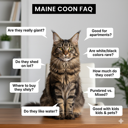 Mèo Maine Coon ngồi chính diện với các bong bóng thoại chứa những câu hỏi thường gặp.