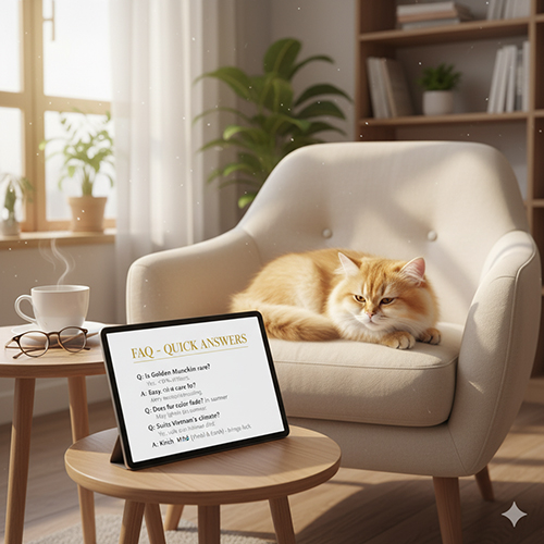 Mèo Munchkin Golden nằm thư giãn trên ghế cạnh chiếc tablet hiển thị mục FAQ, trong căn phòng sáng ấm buổi sáng.