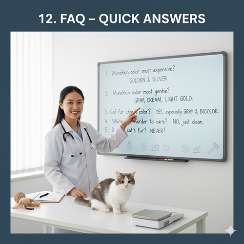 Bác sĩ thú y đang giảng giải trước bảng FAQ, bên cạnh là mèo Munchkin bicolor trắng xám ngồi trên bàn khám.