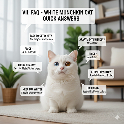 Mèo Munchkin trắng mắt hai màu ngồi giữa phòng sáng, xung quanh là các khung thoại FAQ về giá, tính cách, môi trường sống và cách giữ lông trắng.