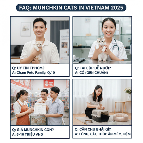 Infographic FAQ 4 khung về mèo Munchkin tại Việt Nam: nơi uy tín ở TP.HCM, mèo tai cụp có dễ nuôi, giá mèo con, và đồ cần chuẩn bị khi đón bé.