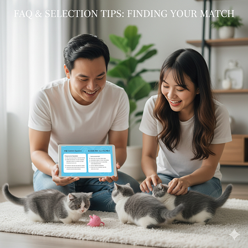 Cặp đôi trẻ đang chơi cùng đàn mèo Munchkin xám trắng con trong không gian ấm cúng, minh họa phần FAQ và mẹo chọn mèo phù hợp.